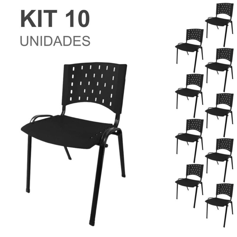 Kit 10 Cadeiras Plásticas 04 pés – COR PRETO – 24001 Solução Office 2