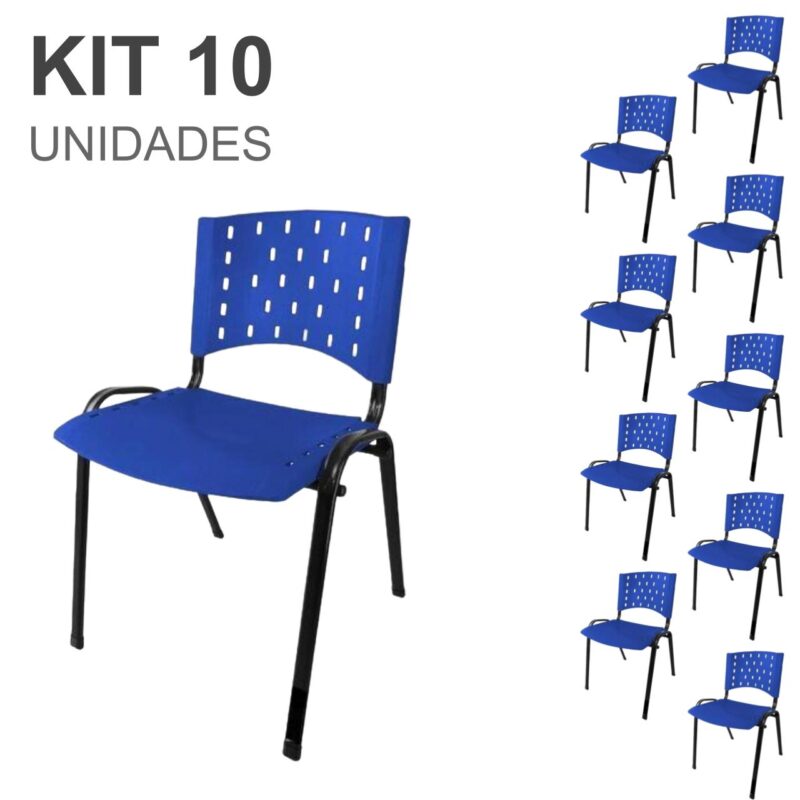 Kit 10 Cadeiras Plásticas 04 pés – COR AZUL – 24003 Solução Office 2