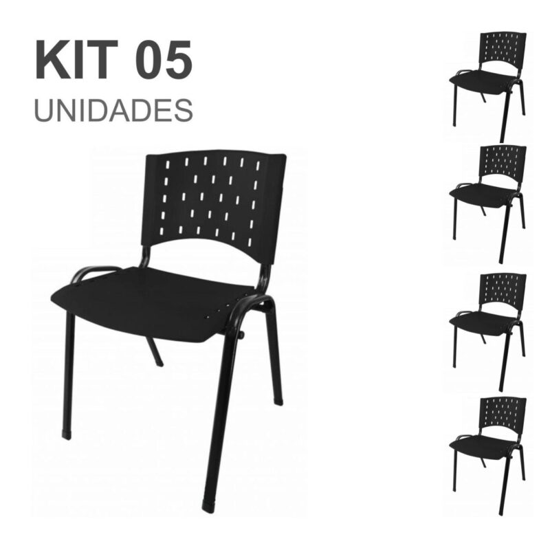 Kit 05 Cadeiras Plásticas 04 pés – COR PRETO – 24000 Solução Office 2