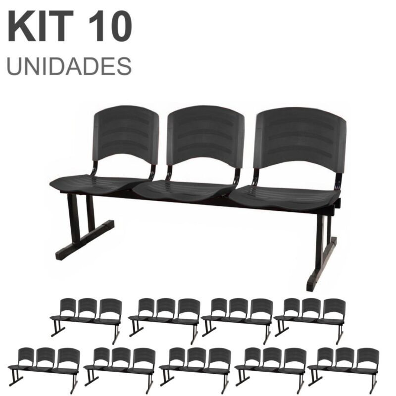 Kit 10 Cadeiras Longarinas PLÁSTICA 03 Lugares – Cor PRETO 33039 Solução Office 2