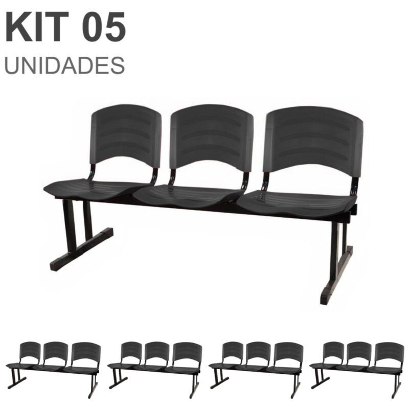 Kit 05 Cadeiras Longarinas PLÁSTICA 03 Lugares – Cor PRETO 33034 Solução Office 2