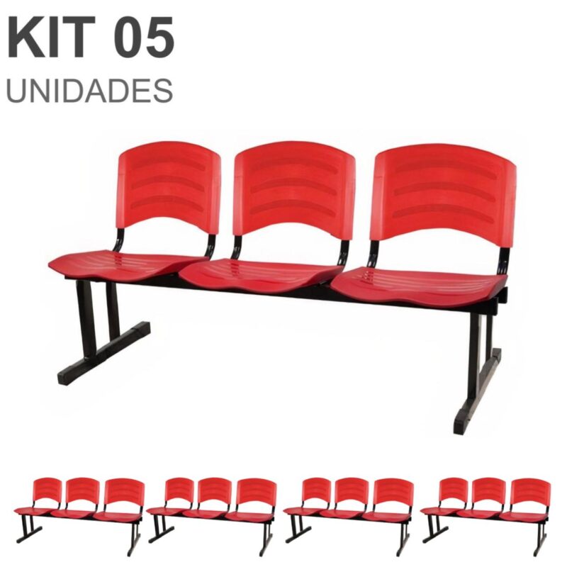 Kit 05 Cadeiras Longarinas PLÁSTICAS 03 Lugares – Cor Vermelho 33043 Solução Office 2