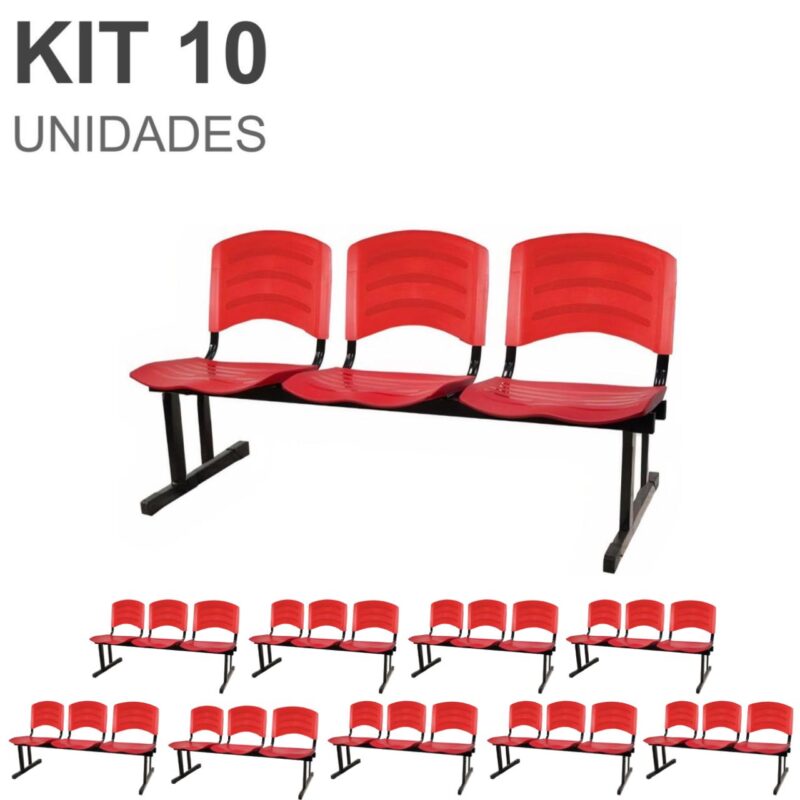 Kit 10 Cadeiras Longarinas PLÁSTICAS 03 Lugares – Cor Vermelho 33048 Solução Office 2