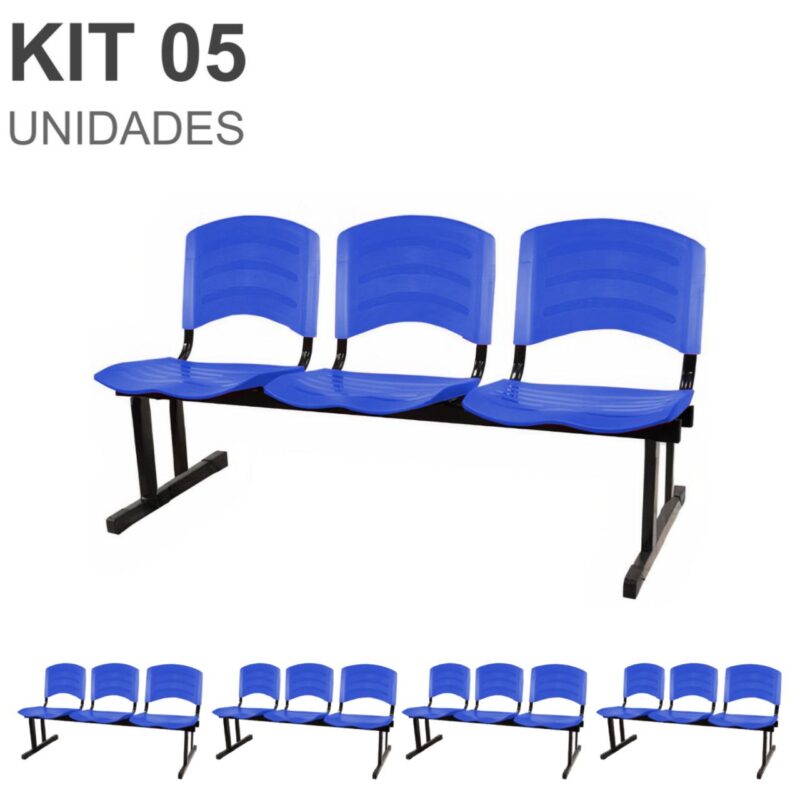 Kit 05 Cadeiras Longarinas PLÁSTICAS 03 Lugares – Cor Azul 33052 Solução Office 2