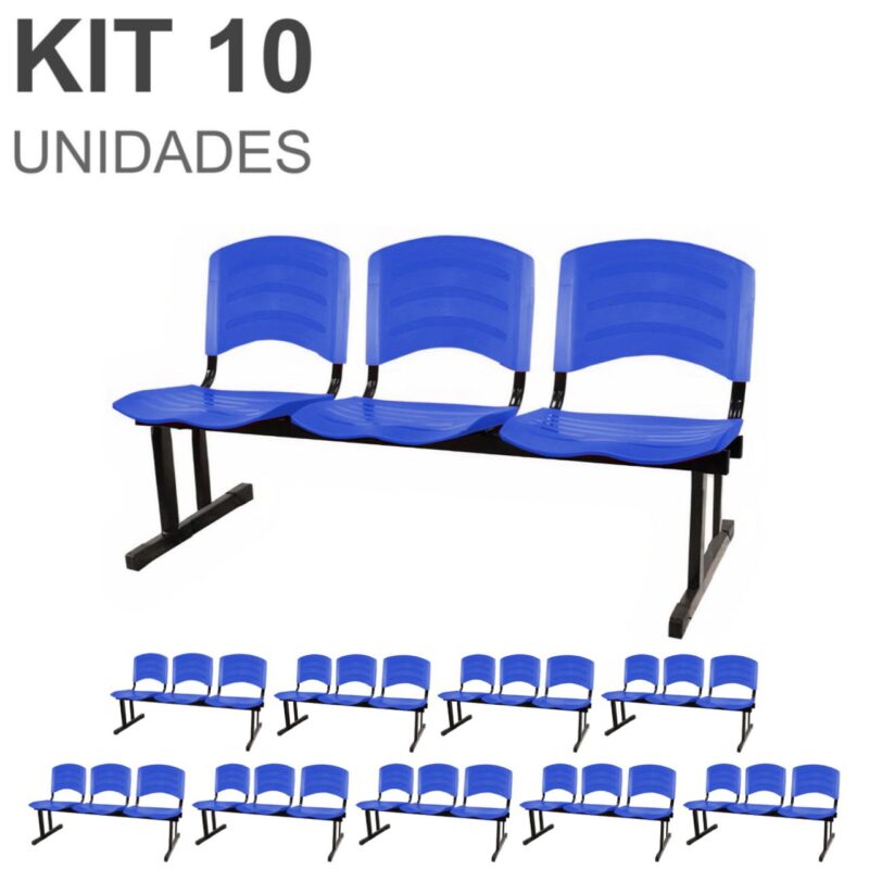 Kit 10 Cadeiras Longarinas PLÁSTICAS 03 Lugares – Cor Azul 33057 Solução Office 2