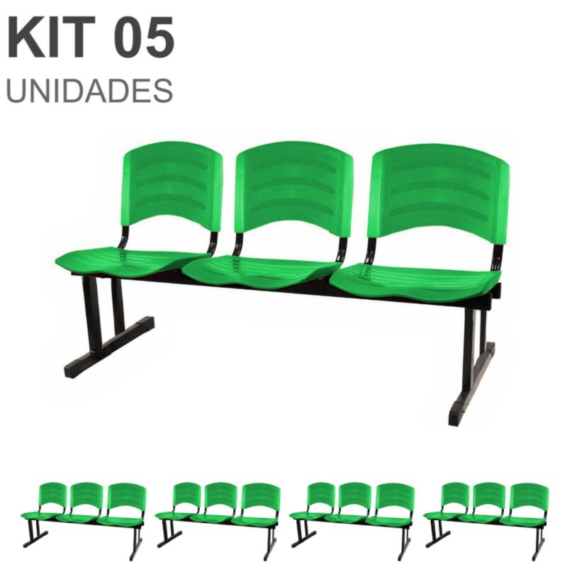 Kit 05 Cadeiras Longarinas PLÁSTICAS 03 Lugares – Cor Verde 33061 Solução Office 2