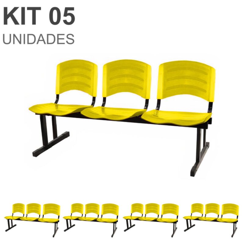 Kit 05 Cadeiras Longarinas PLÁSTICAS 03 Lugares – Cor Amarelo 33080 Solução Office 2