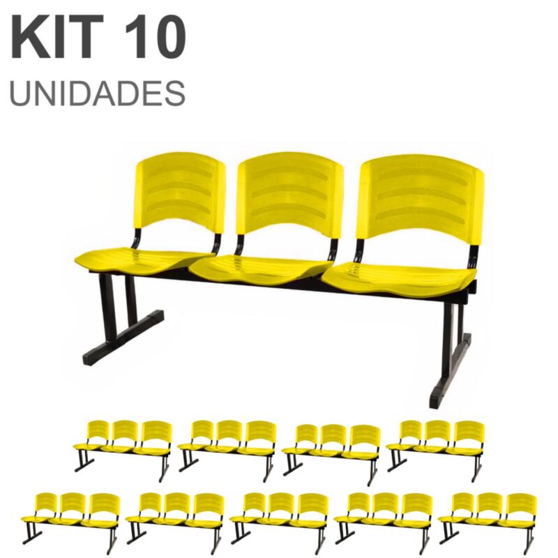 Kit 10 Cadeiras Longarinas PLÁSTICAS 03 Lugares – Cor Amarelo 33085 Solução Office 2