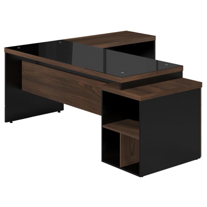 Mesa PEDESTAL VIDRO FUMÊ com MESA AUXILIAR – 1,92×1,60m MARSALA / PRETO – 23486 Solução Office 2